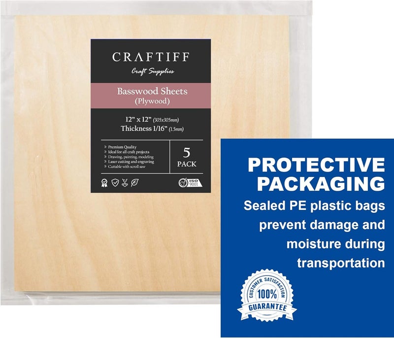 Craftiff Plywood Sheet Board Squares, A Grade, 12 x 12 inch, 1.5mm Thick, Pack of 5 Unfinished Wood for Crafts Basswood by - Image 3